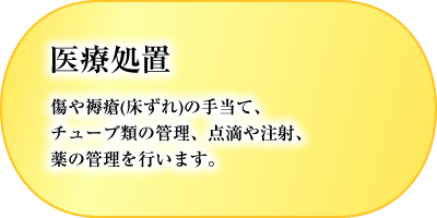 医療処置　傷や褥瘡(床ずれ)の手当て、チューブ類の管理、点滴や注射、薬の管理を行います。